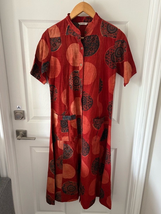 Seasons Dresses & Skirts - Vintage SEASONS Red Linen Abstract Geometric Print Midi Shirt Dress Pockets M